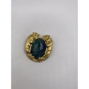 Vtg Prowling Dbl Lion SI Green Cabochon Brooch Pin Leo Birthday Gold tone